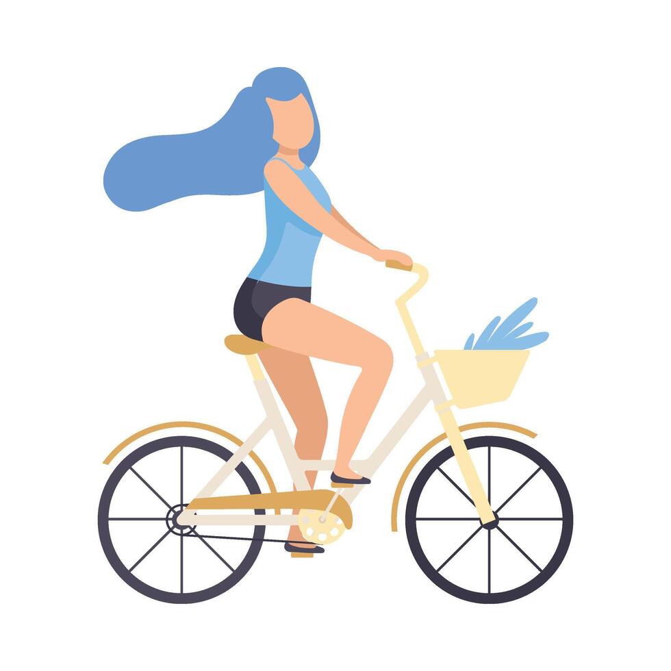 Girl in Short Shorts Riding Bicycle, Cycling Woman Exercising or Relaxing Illustration vector