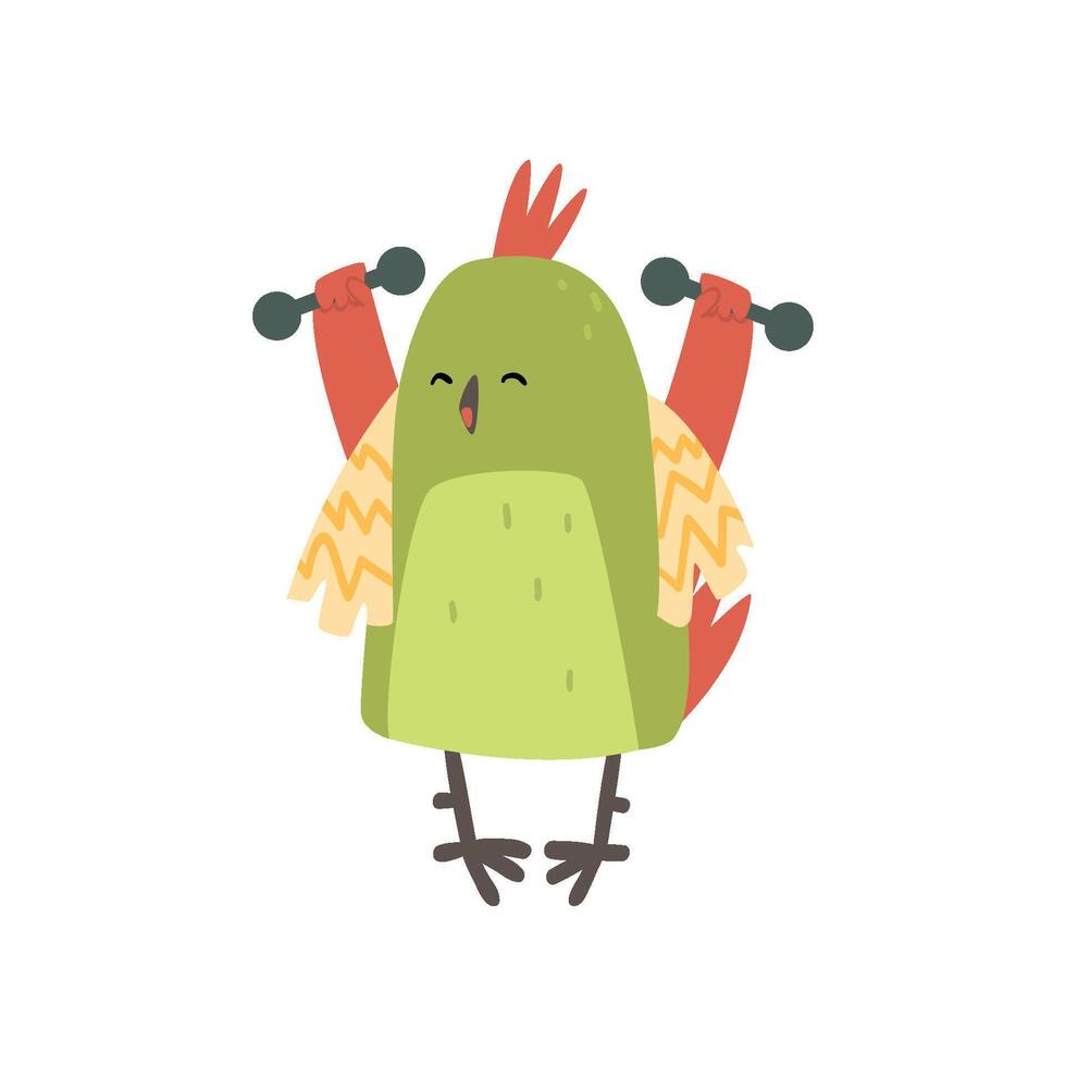 Cute Bird Exercising with Dumbbells, Funny Athlete Birdie Cartoon Character with Bright Green Feathers Illustration vector