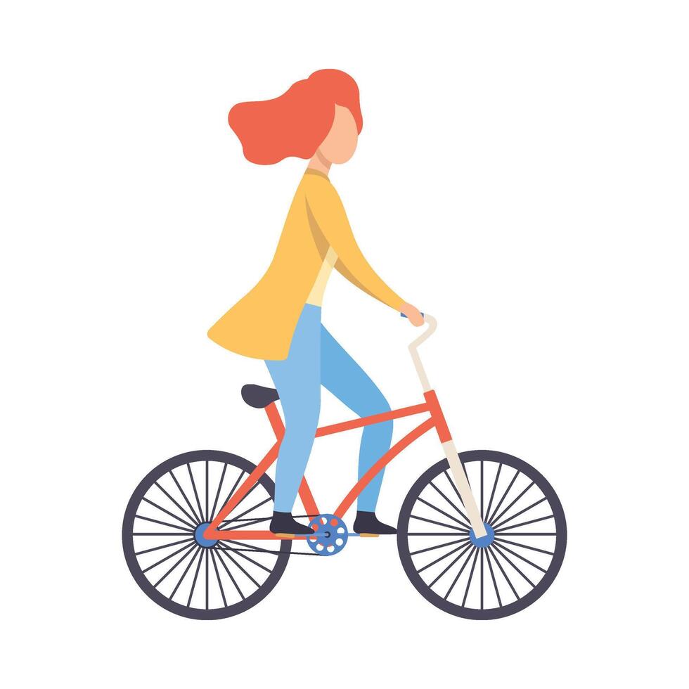 Young Woman in Casual Clothes Riding Bicycle, Cycling Girl Exercising, Relaxing or Going to Work Illustration vector