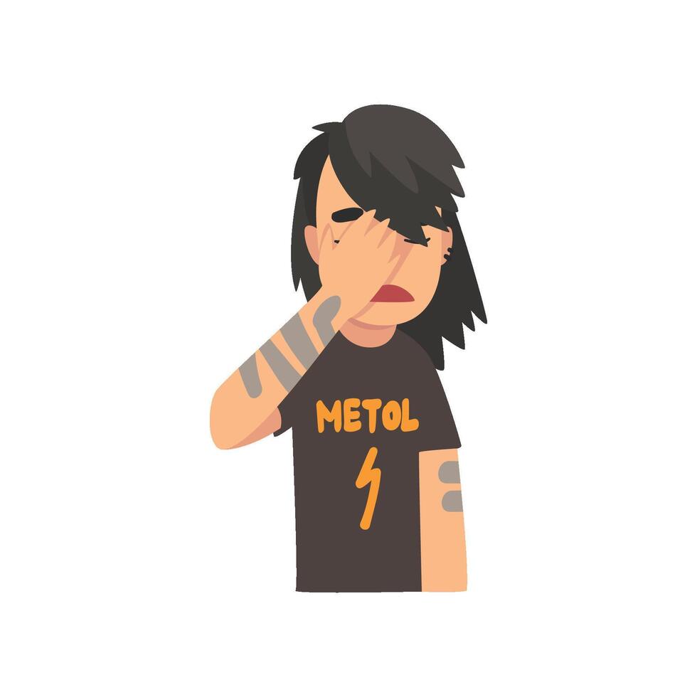 Girl with Tattoos Covering Her Face with Hand, Teen Girl Making Facepalm Gesture, Shame, Headache, Disappointment, Negative Emotion Illustration vector