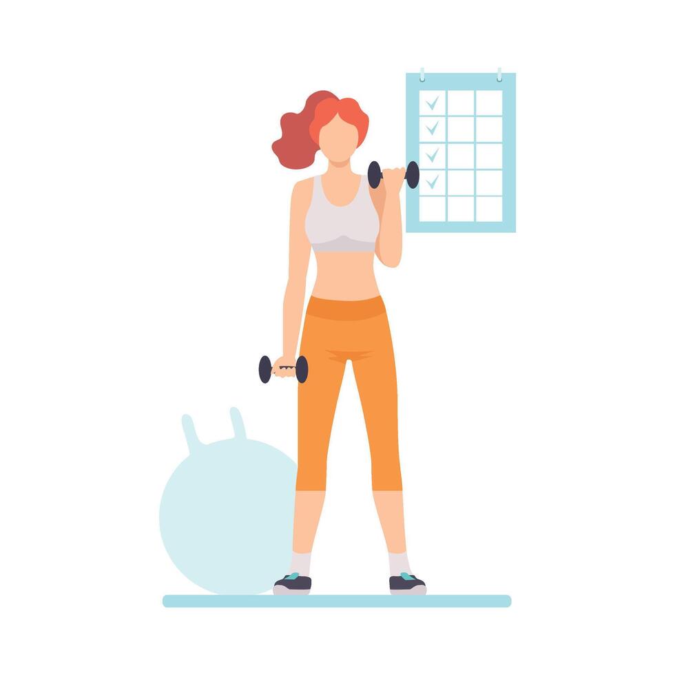 Young Woman Lifting Dumbbells, Girl Doing Fitness Illustration vector