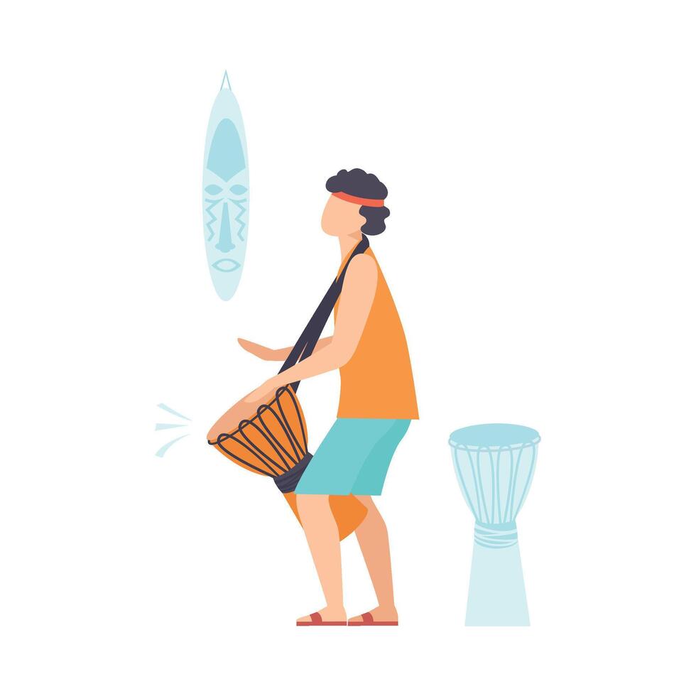 Young Man Playing Ethnic Drum, Guy Playing Djembe Illustration vector