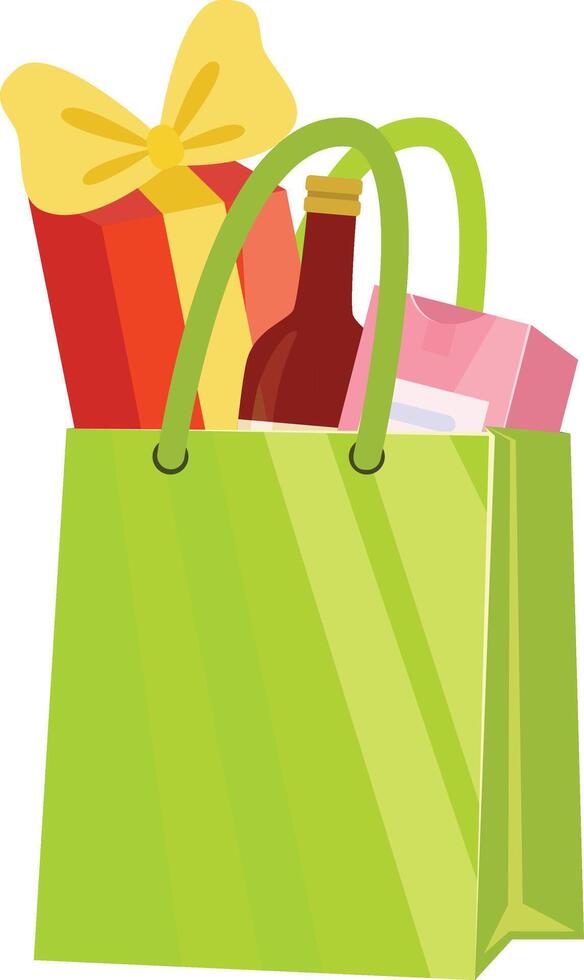 Green Paper Shopping Bag with Bottle of Wine and Gifts, Present Package for Birthday, Xmas, Anniversary Celebration Illustration vector