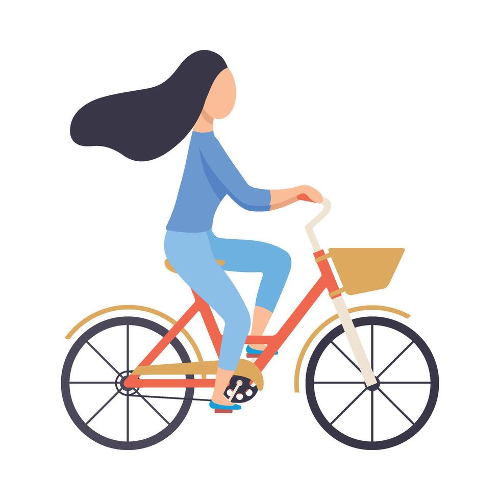 Brunette Woman in Casual Clothes Riding Bicycle, Cycling Girl Exercising, Relaxing or Going to Work Illustration vector