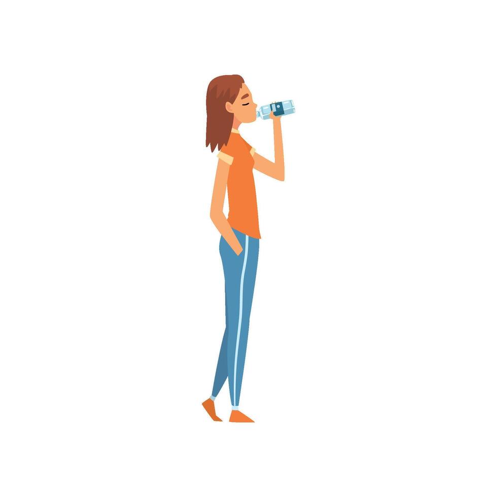 Fit Girl Drinking Fresh Clean Water from Plastic Bottle Illustration vector