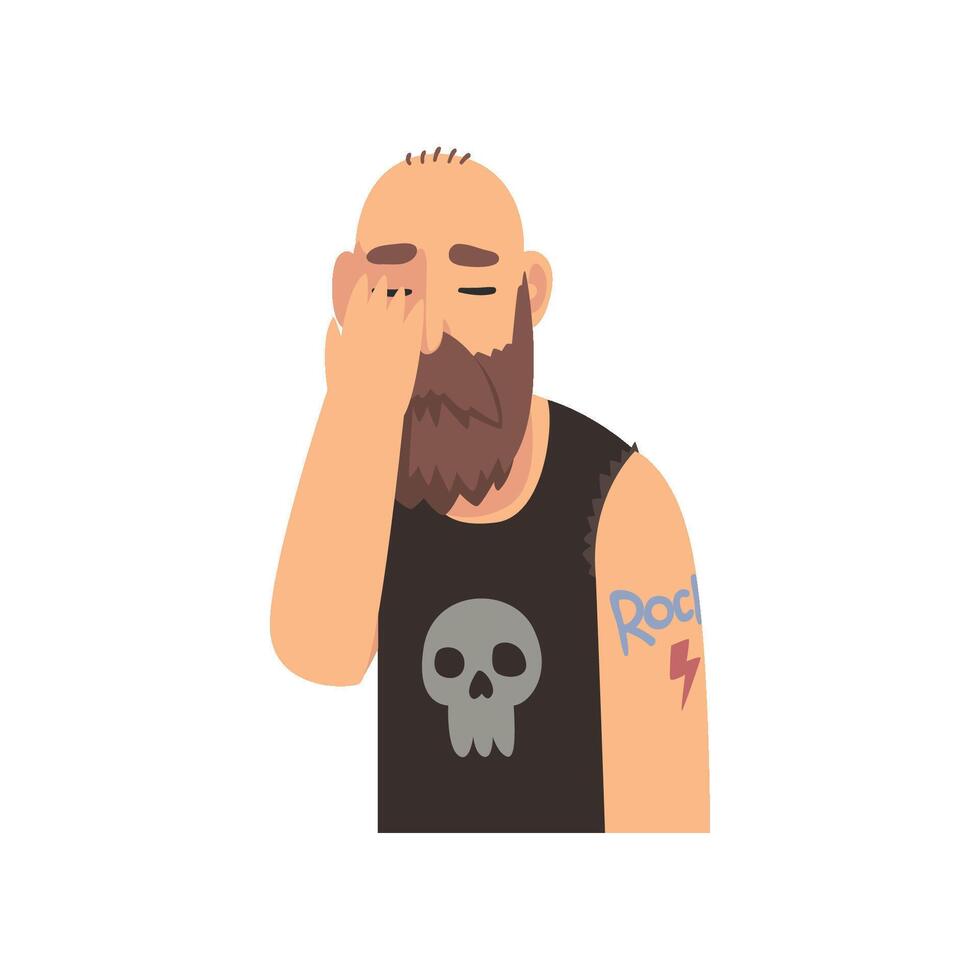 Bald Bearded Man Covering His Face with Hand, Brutal Man Making Facepalm Gesture, Shame, Headache, Disappointment, Negative Emotion Illustration vector