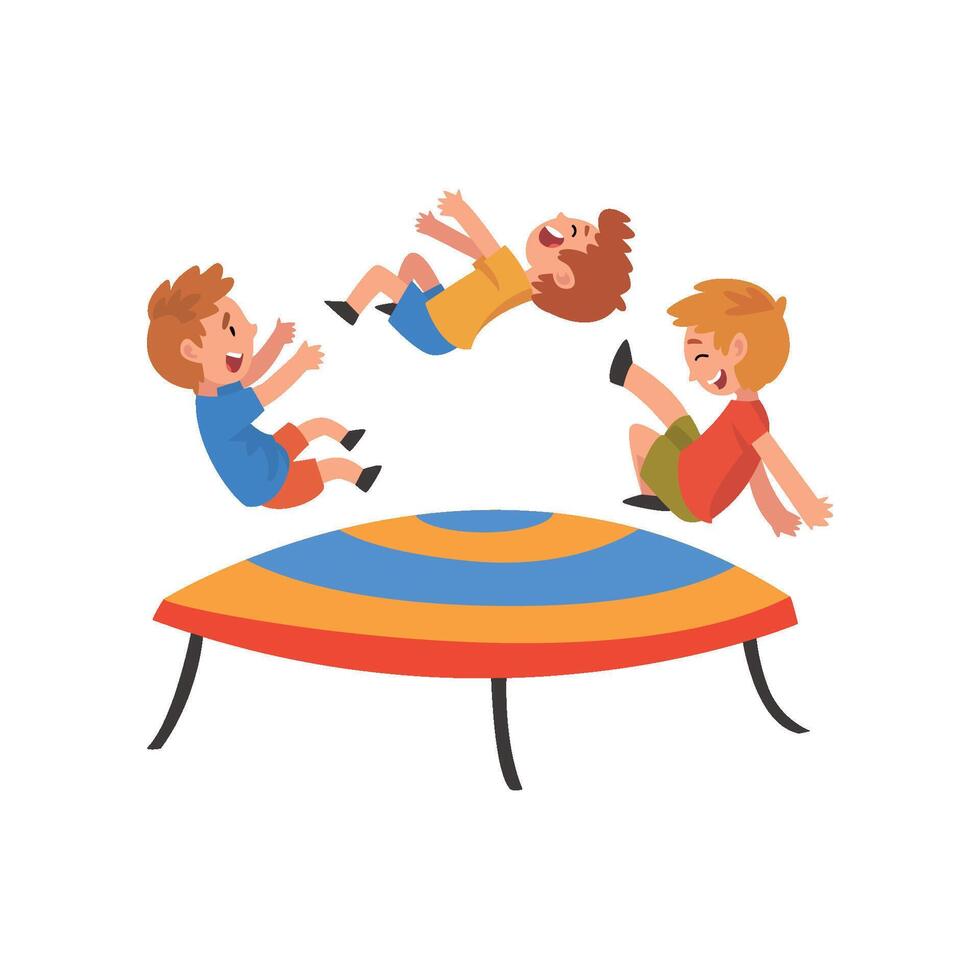 Boys Jumping on Trampoline, Happy Trampolining Kids Playing and Having Fun Cartoon Illustration vector