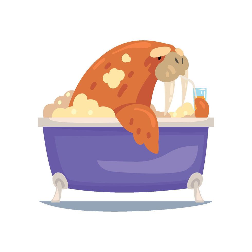 Walrus Taking Bath, Funny Animal Cartoon Character Relaxing in Bathtub Full of Foam Illustration vector