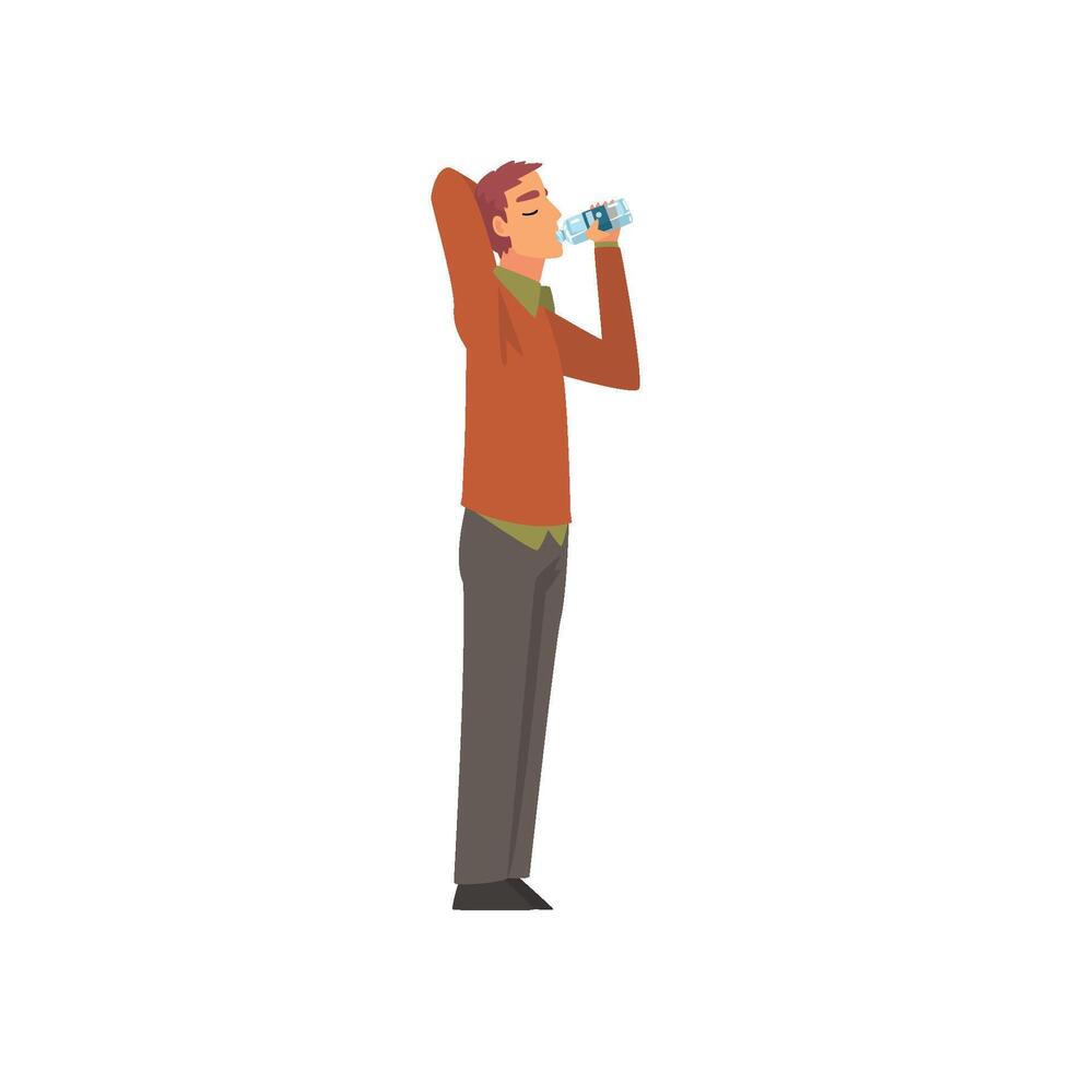Young Man Drinking Water from Plastic Bottle, Guy Enjoying Drinking of Fresh Clean Water Illustration vector
