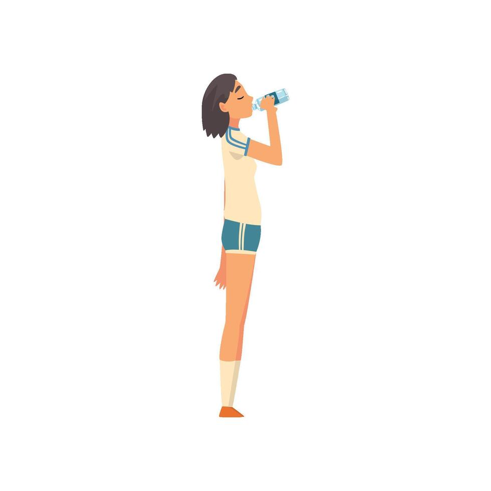 Sportive Girl Drinking Fresh Clean Water from Plastic Bottle Illustration vector