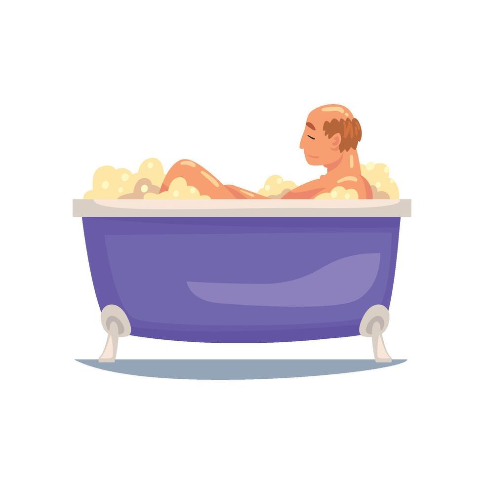Mature Bald Man Taking Bath, Male Character Relaxing in Bathtub Full of Foam Illustration vector