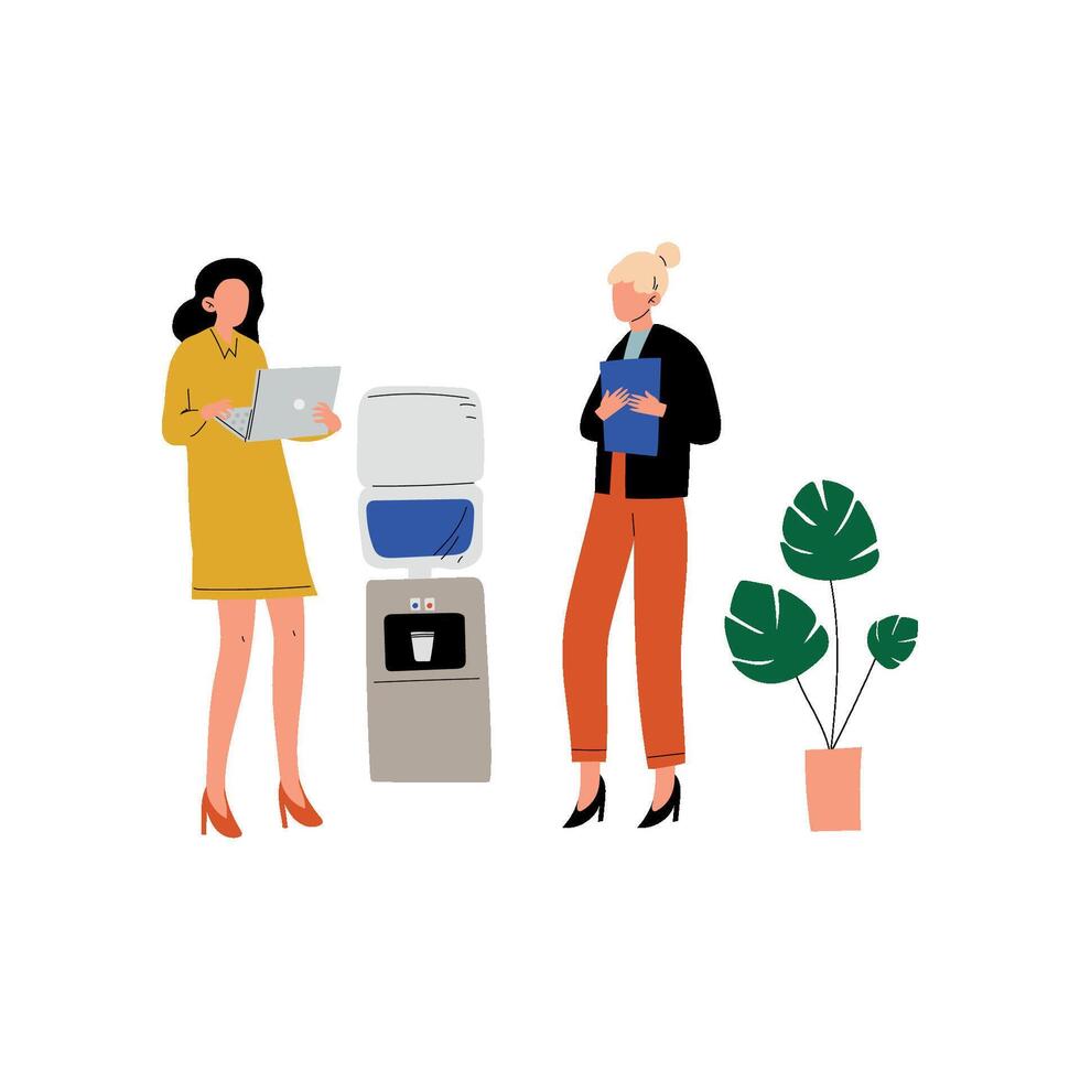 Two Business Women Talking to Each Other While Standing Next to Water Cooler, Office Colleagues Illustration vector