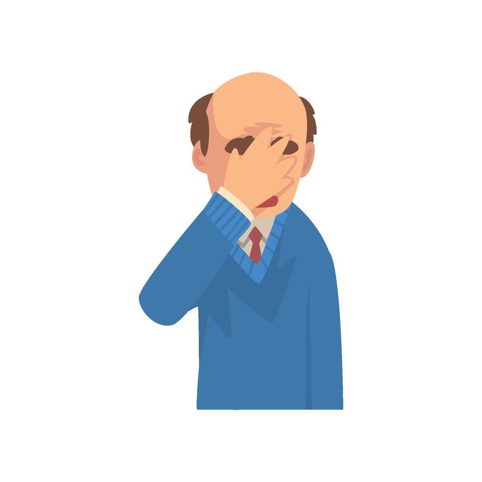 Businessman Covering His Face with Hand, Bald Man in Suit Making Facepalm Gesture, Shame, Headache, Disappointment, Negative Emotion Illustration vector