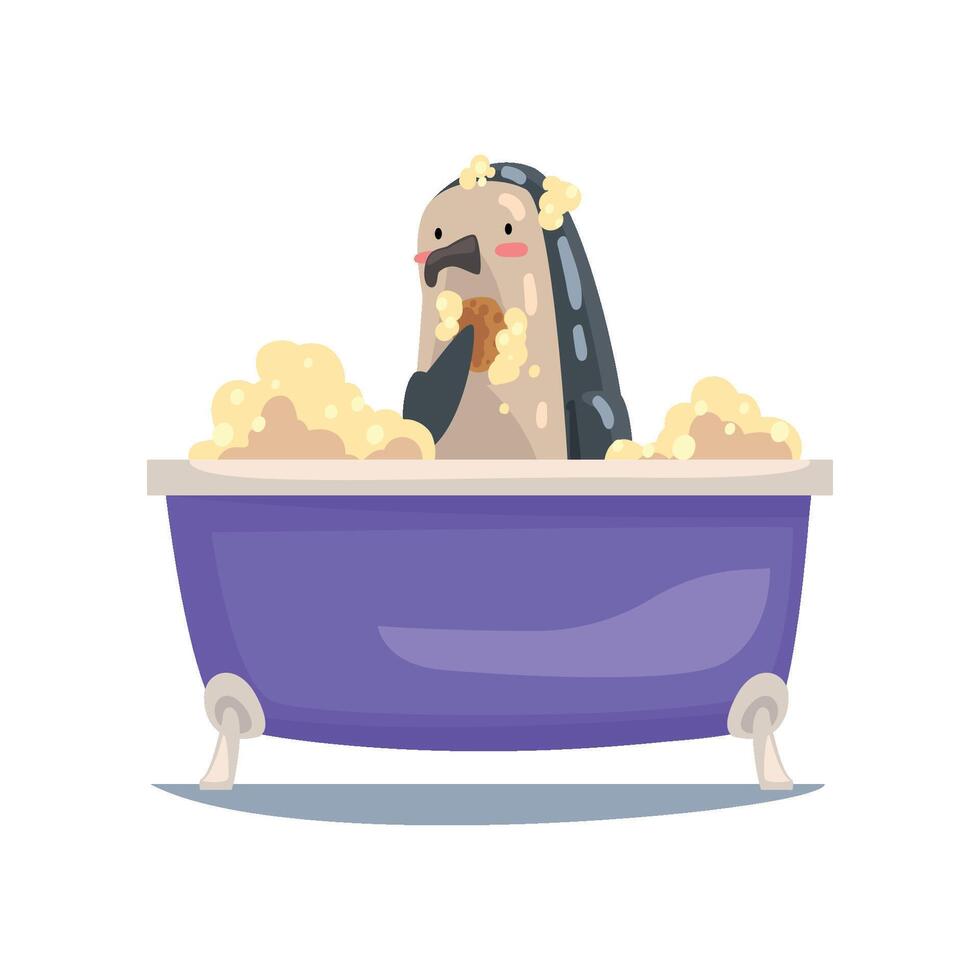Funny Penguin Taking Bath and Washing with Washcloth, Funny Animal Cartoon Character Relaxing in Bathtub Full of Foam Illustration vector