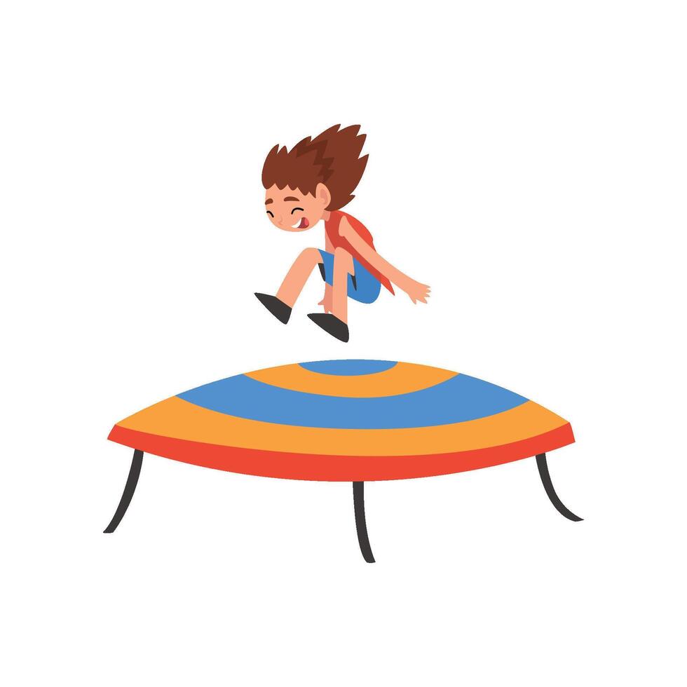 Cute Happy Girl Jumping on Trampoline, Smiling Little Kid Bouncing and Having Fun Cartoon Illustration vector