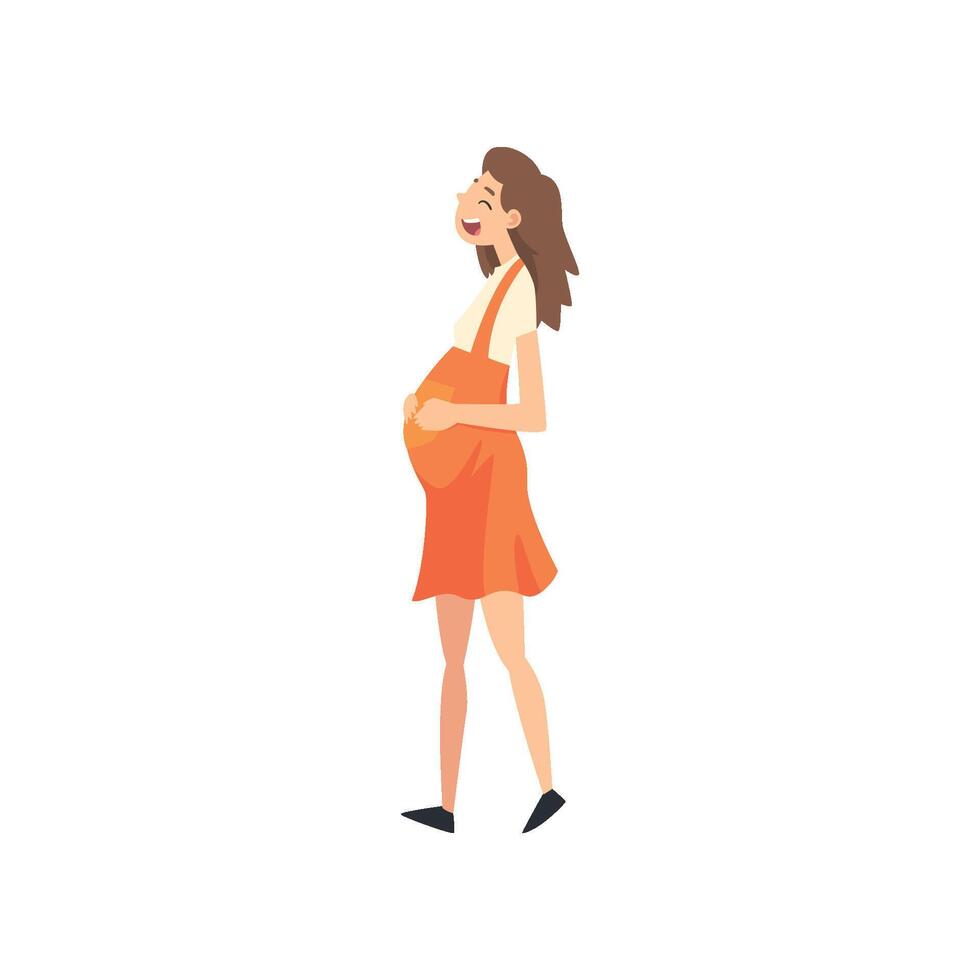 Happy Smiling Pregnant Woman in Red Dress Walking Illustration vector