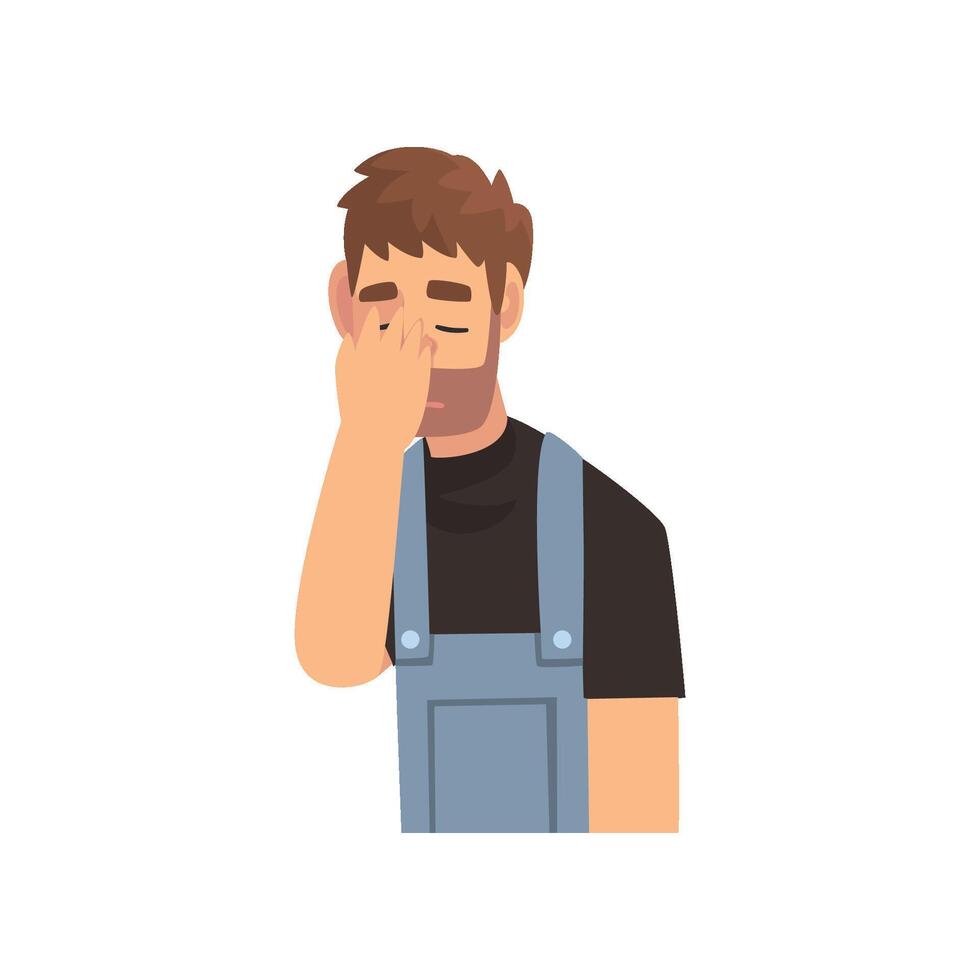 Young Bearded Man in Overalls Covering His Face with Hand, Guy Making Facepalm Gesture, Shame, Headache, Disappointment, Negative Emotion Illustration vector