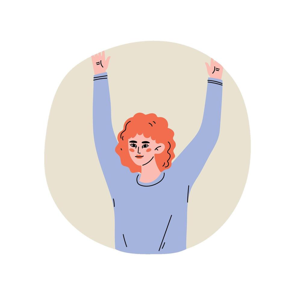 Girl Standing in Round Window with Arms Raised Illustration vector