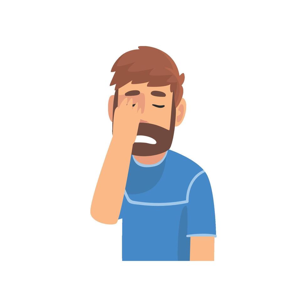Disappointed Bearded Man Covering His Face with Hand, Guy Making Facepalm Gesture, Shame, Headache, Disappointment, Negative Emotion Illustration vector