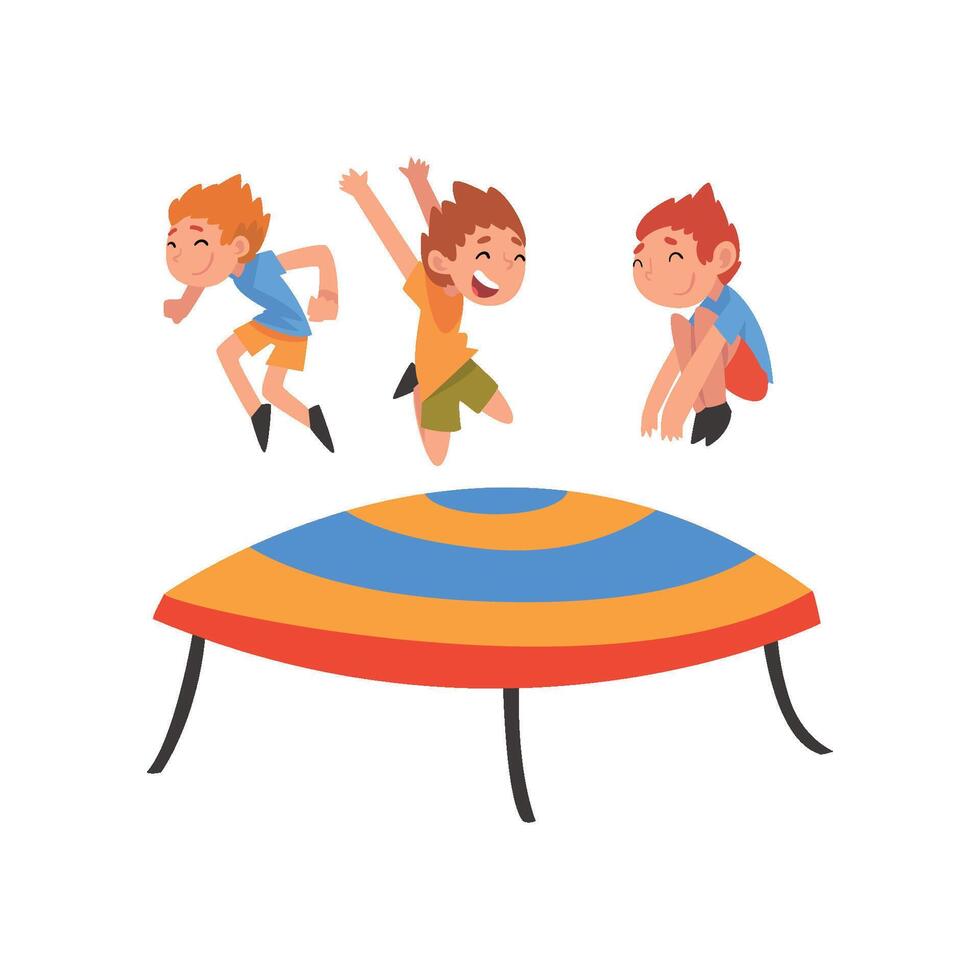 Cute Boys Jumping on Trampoline, Happy Kids Bouncing and Having Fun Cartoon Illustration vector