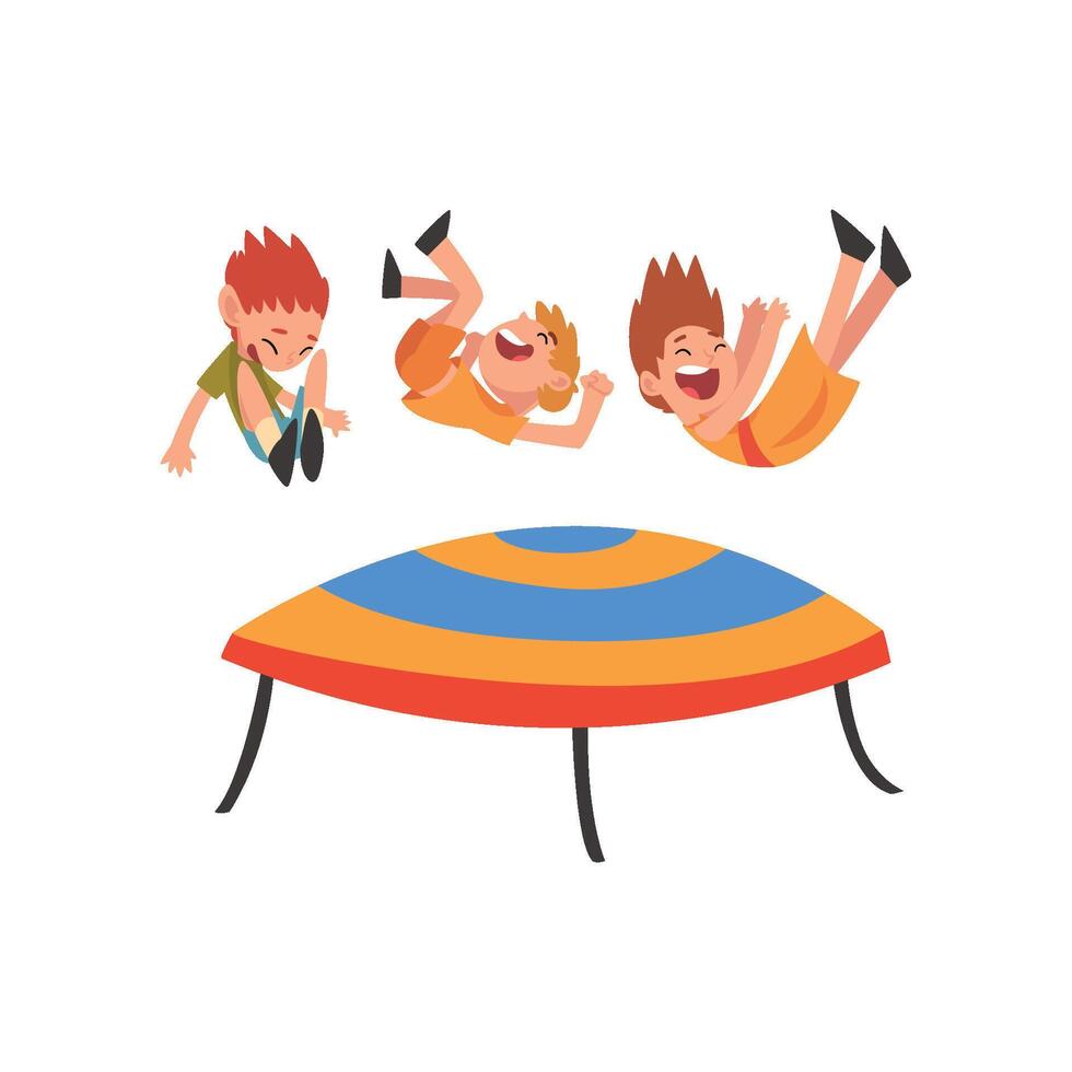 Cute Smiling Boys Jumping on Trampoline, Happy Kids Bouncing and Having Fun Cartoon Illustration vector