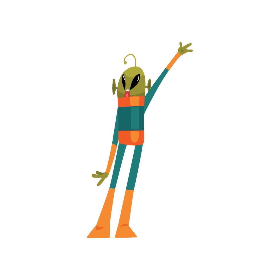 Funny Green Alien Waving Its Hand, Humanoid Cartoon Character with Big Eyes Oval Shape and Small Antenna Wearing Space Suit Illustration vector