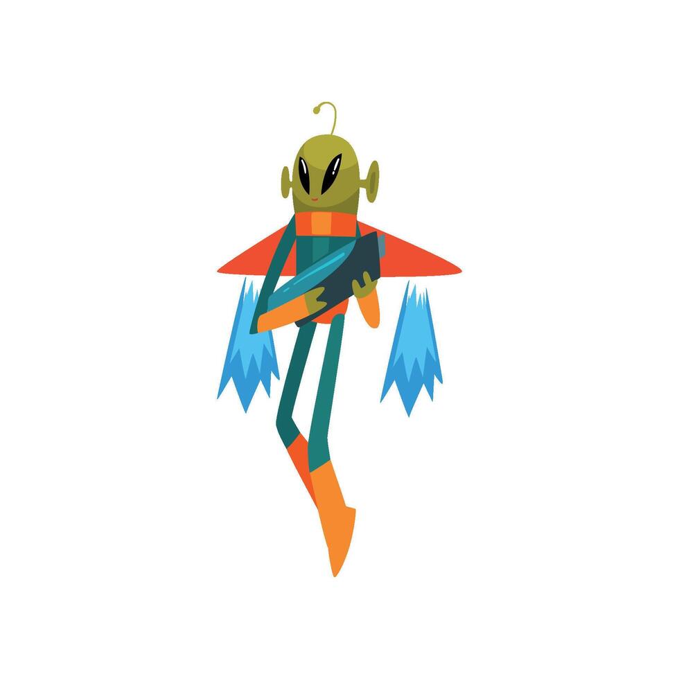 Funny Green Alien with Blaster Flying with Jetpack, Humanoid Cartoon Character with Big Eyes Oval Shape and Small Antenna Wearing Space Suit Illustration vector