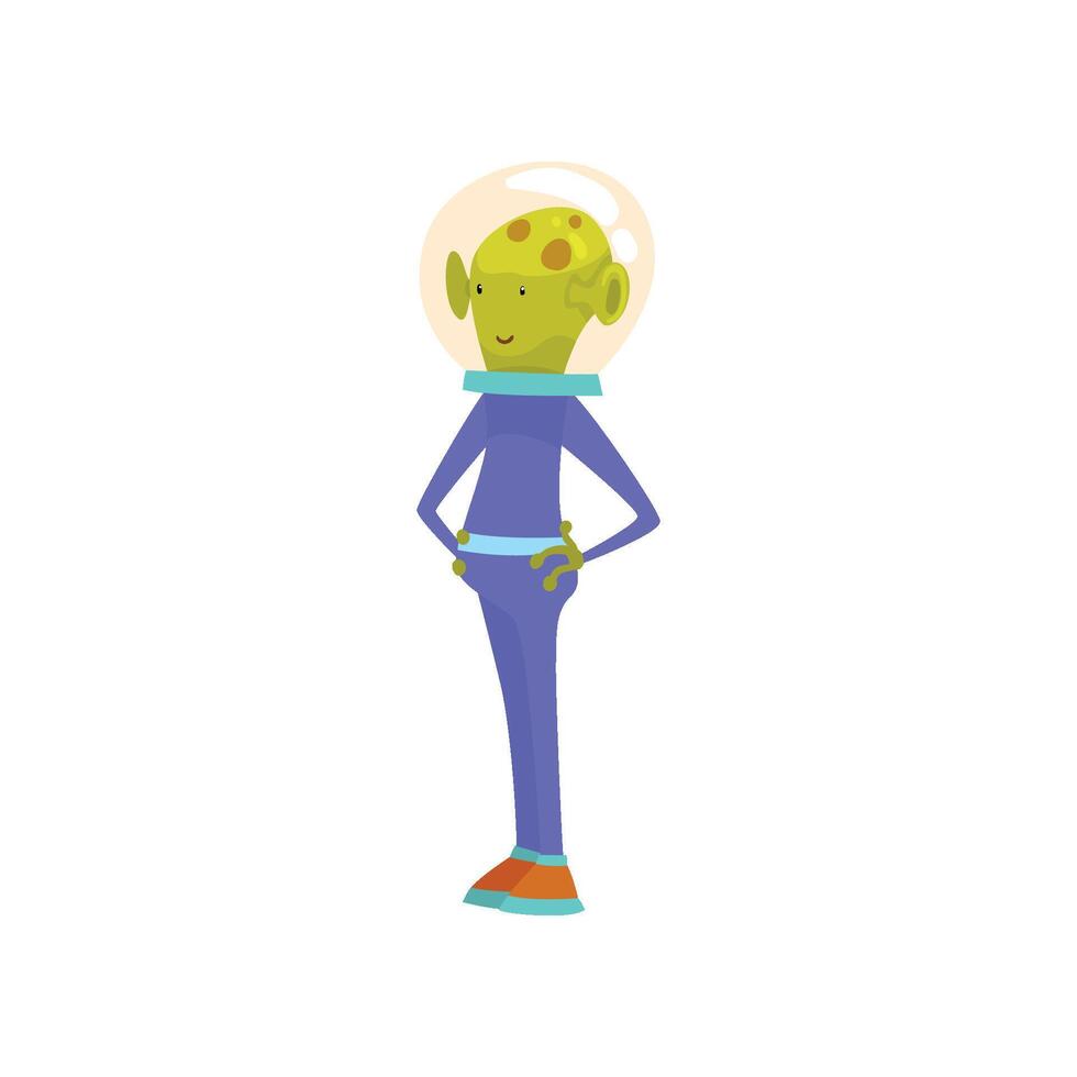 Friendly Green Alien, Funny Humanoid Cartoon Character in Blue Space Suit and Helmet Illustration vector