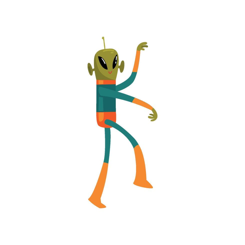 Funny Green Alien, Humanoid Cartoon Character with Big Eyes Oval Shape and Small Antenna Wearing Space Suit vector
