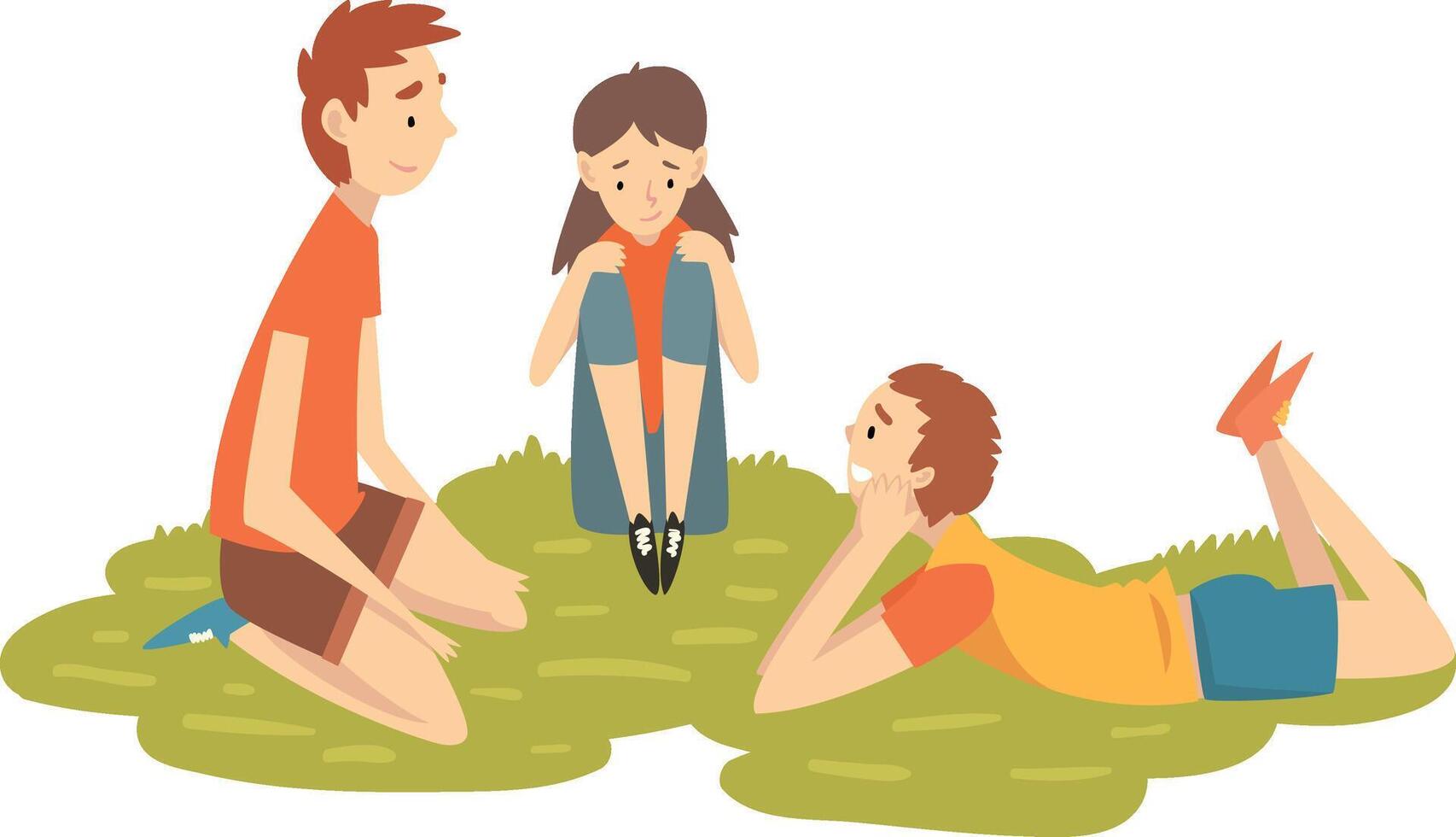 Happy Friends Resting on Grass, Two Boys and Girl Playing on Nature, Summer Outdoor Activities Illustration vector