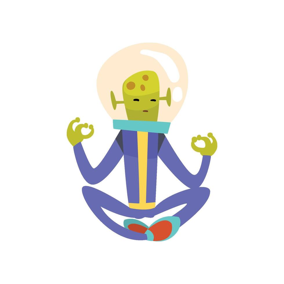 Funny Green Alien Meditating in Lotus Position, Funny Humanoid Cartoon Character in Blue Space Suit and Helmet Illustration vector