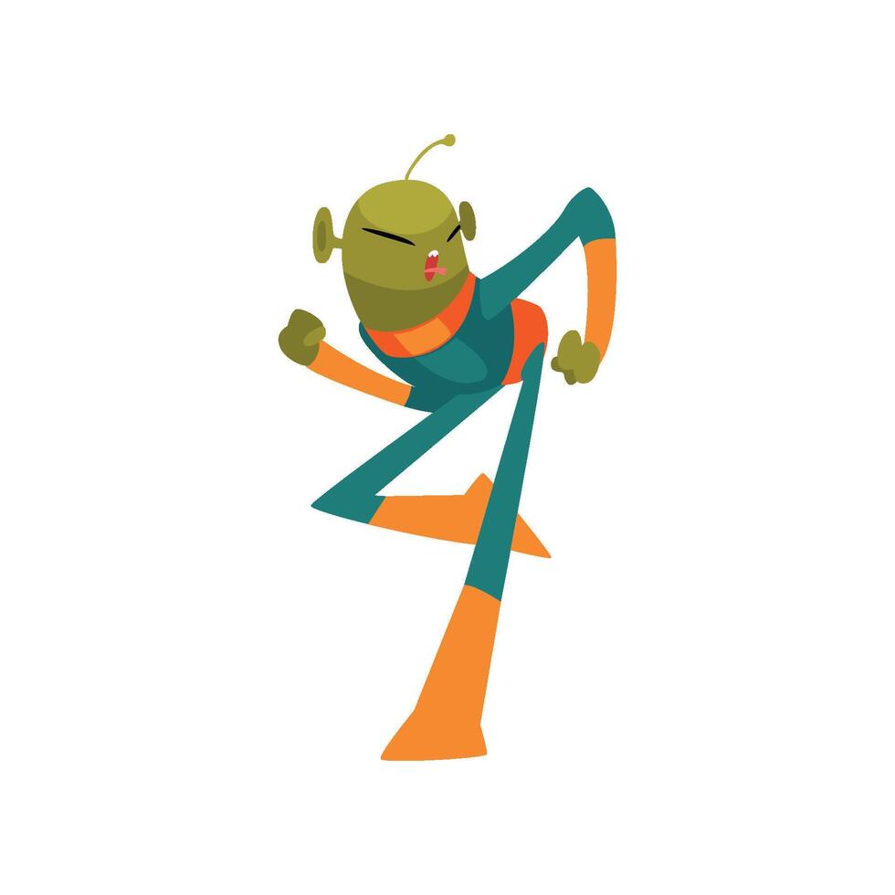 Funny Green Alien Dancing, Humanoid Cartoon Character with Big Eyes Oval Shape and Small Antenna Wearing Space Suit Illustration vector
