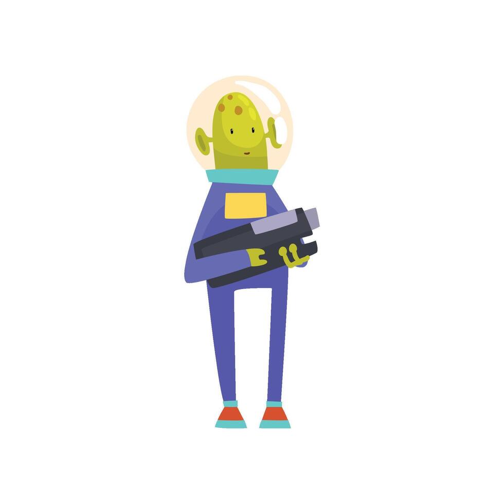 Funny Green Alien with Blaster, Funny Humanoid Cartoon Character in Blue Space Suit and Helmet Illustration vector