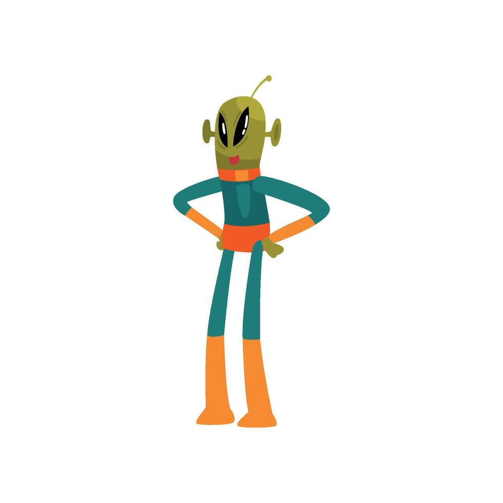 Funny Green Alien Standing with Hands on Its Waist, Humanoid Cartoon Character with Big Eyes Oval Shape and Small Antenna Wearing Space Suit Illustration vector