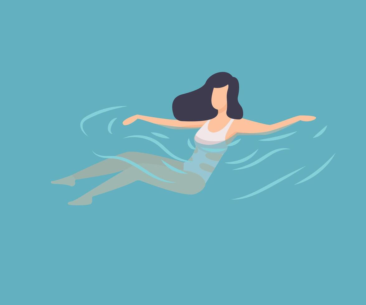 Brunette Girl in White Swimsuit Swimming in Water, Woman Relaxing in the Sea, Ocean or Swimming Pool at Summer Vacation Illustration vector