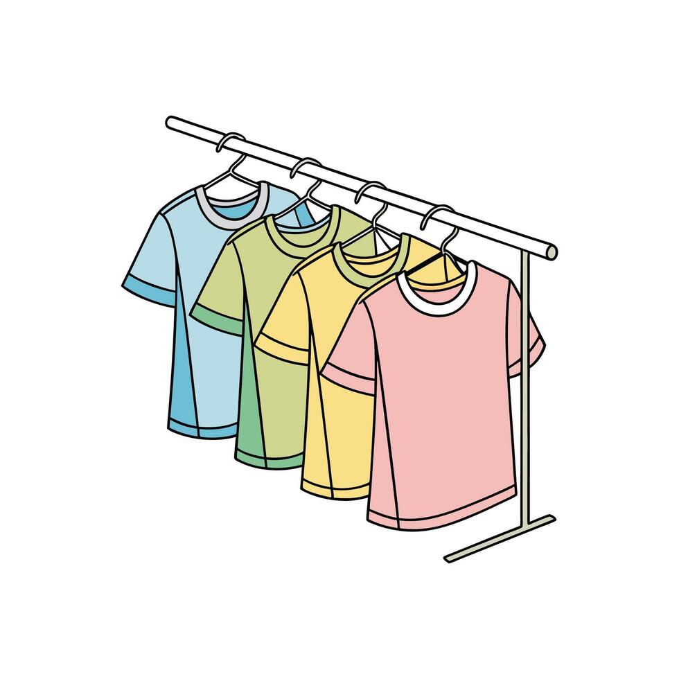 Colorful t - shirts hanging on a clothes rack vector