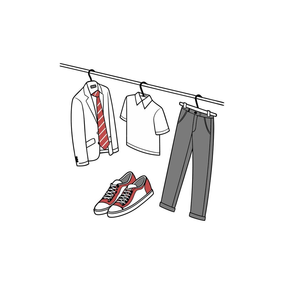 A pair of shoes, a tie and a jacket hanging on a clothes line vector