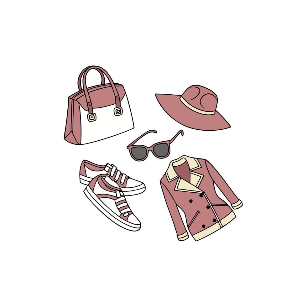 A pink hat, sunglasses, shoes and a jacket vector