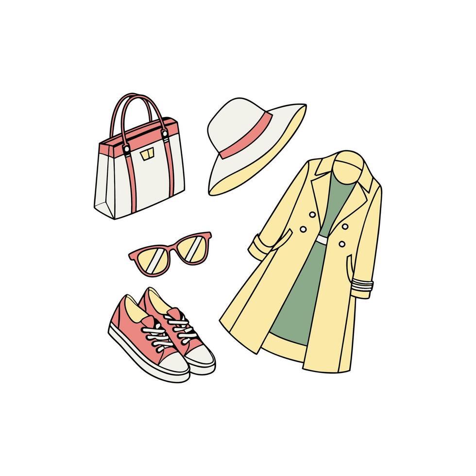 A set of clothes and accessories including a hat, sunglasses, coat and shoes vector