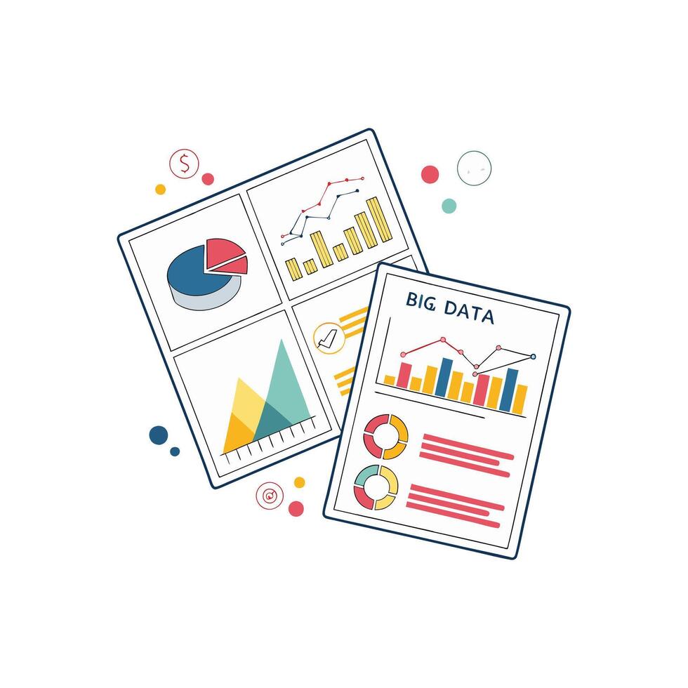 Two papers with graphs and charts on them vector
