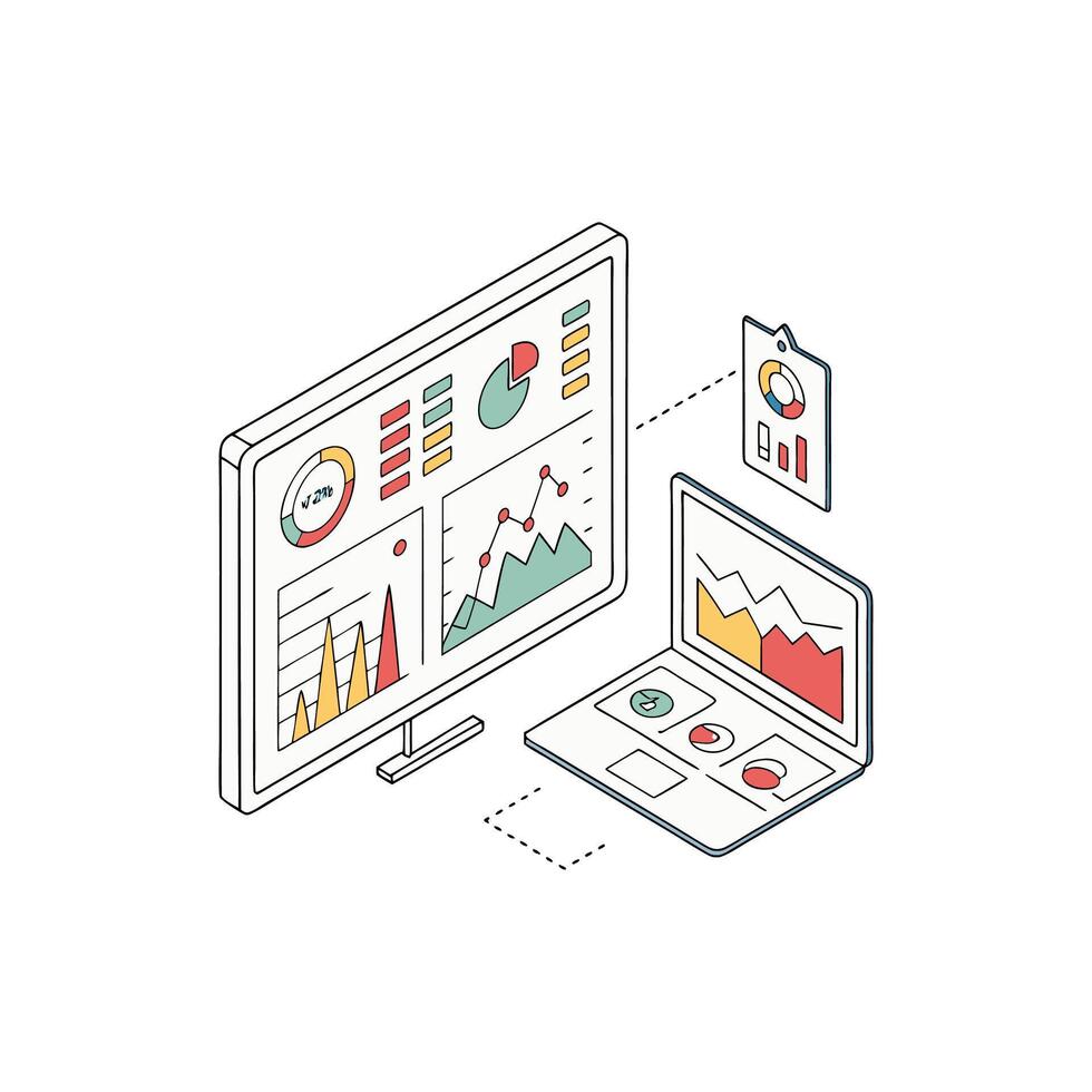 An illustration of a laptop and a monitor with graphs and charts vector