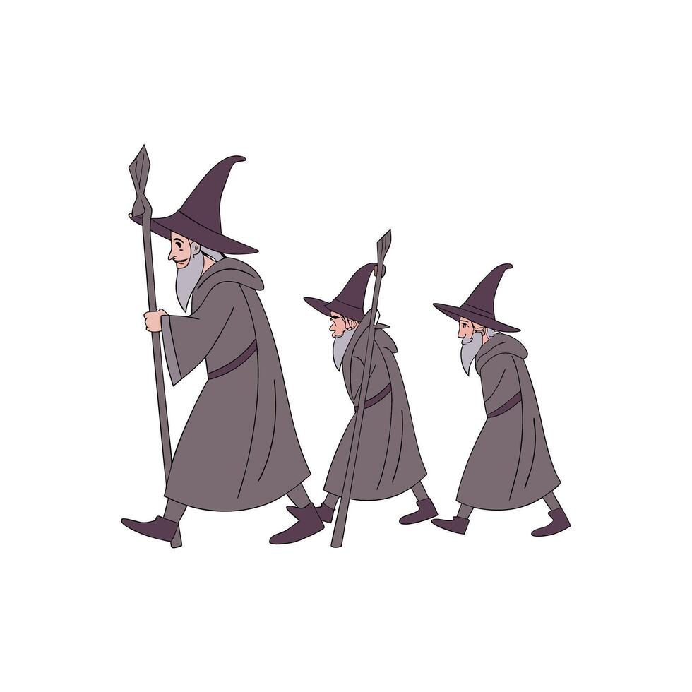 Three wizards walking with a staff and a hat vector
