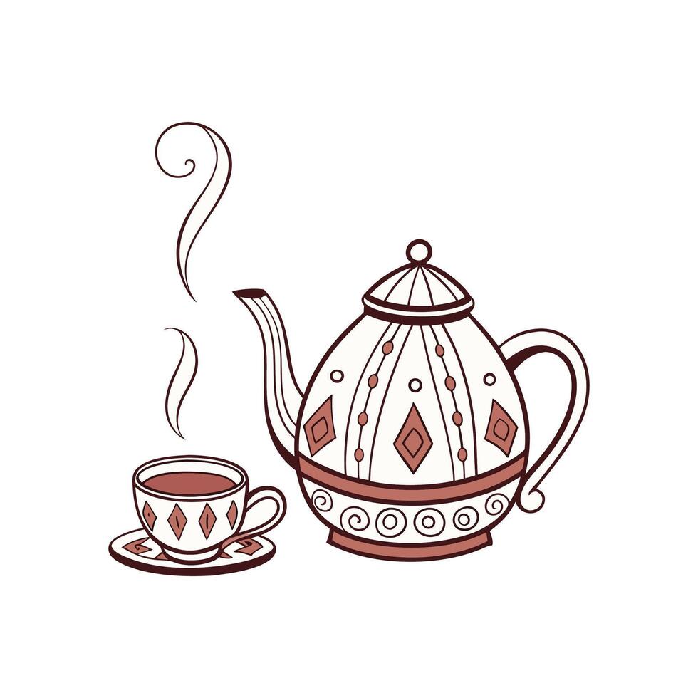 A teapot and cup with steam on a white background vector
