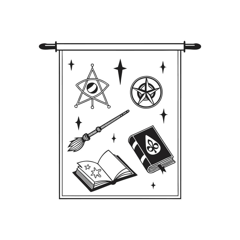 A black and white illustration of a book, a wand, and a star vector