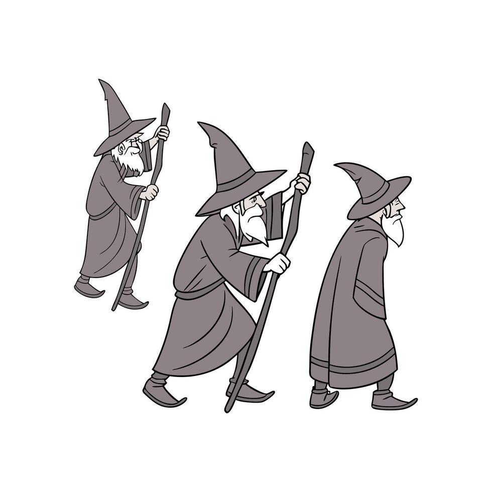 Three wizard characters with staffs and hats vector