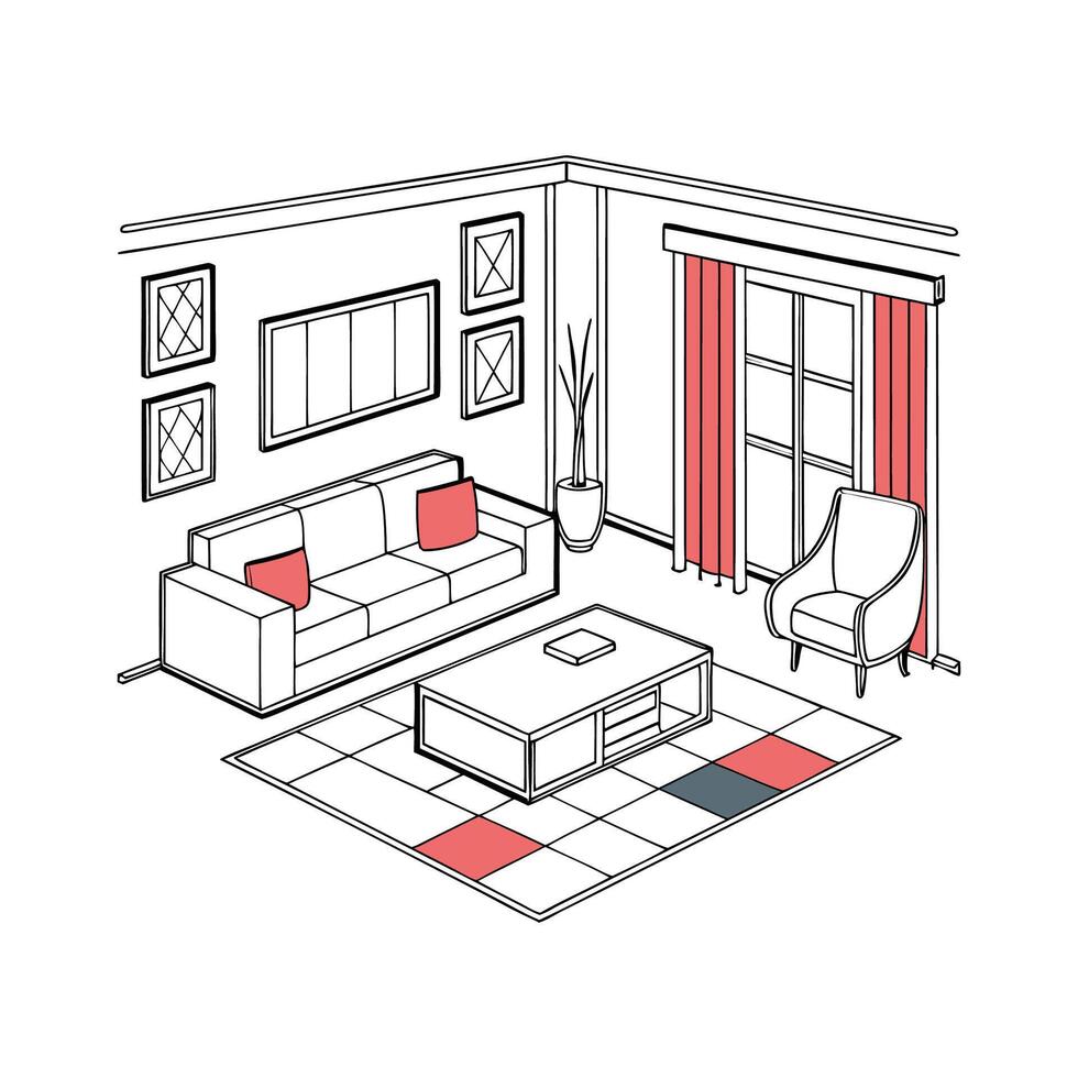 A drawing of a living room with furniture vector
