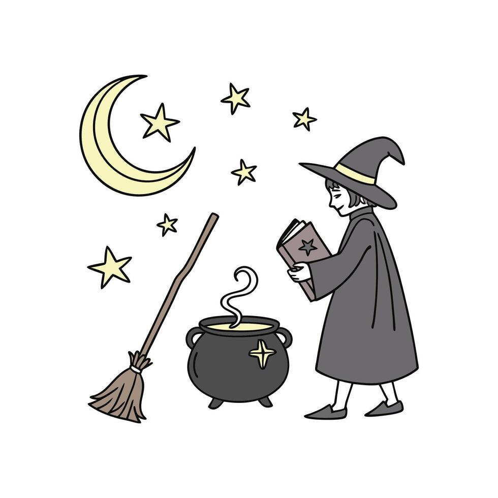 Halloween witch with cauldron and broom vector