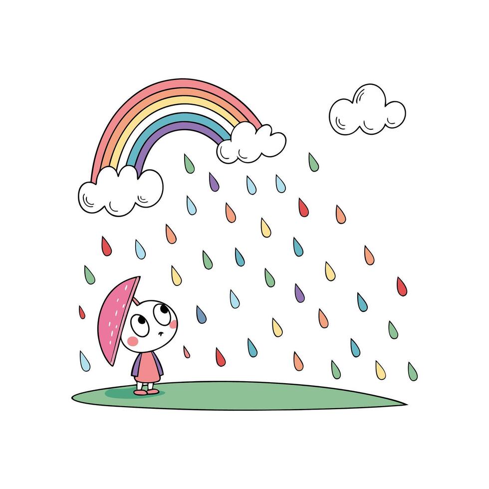 A little girl standing under a rainbow with raindrops vector