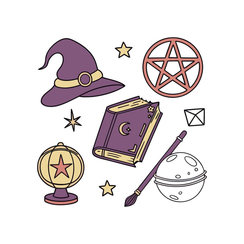 Wizard hat, book, magic wand, star, pentagram, pentacle, pentacle vector
