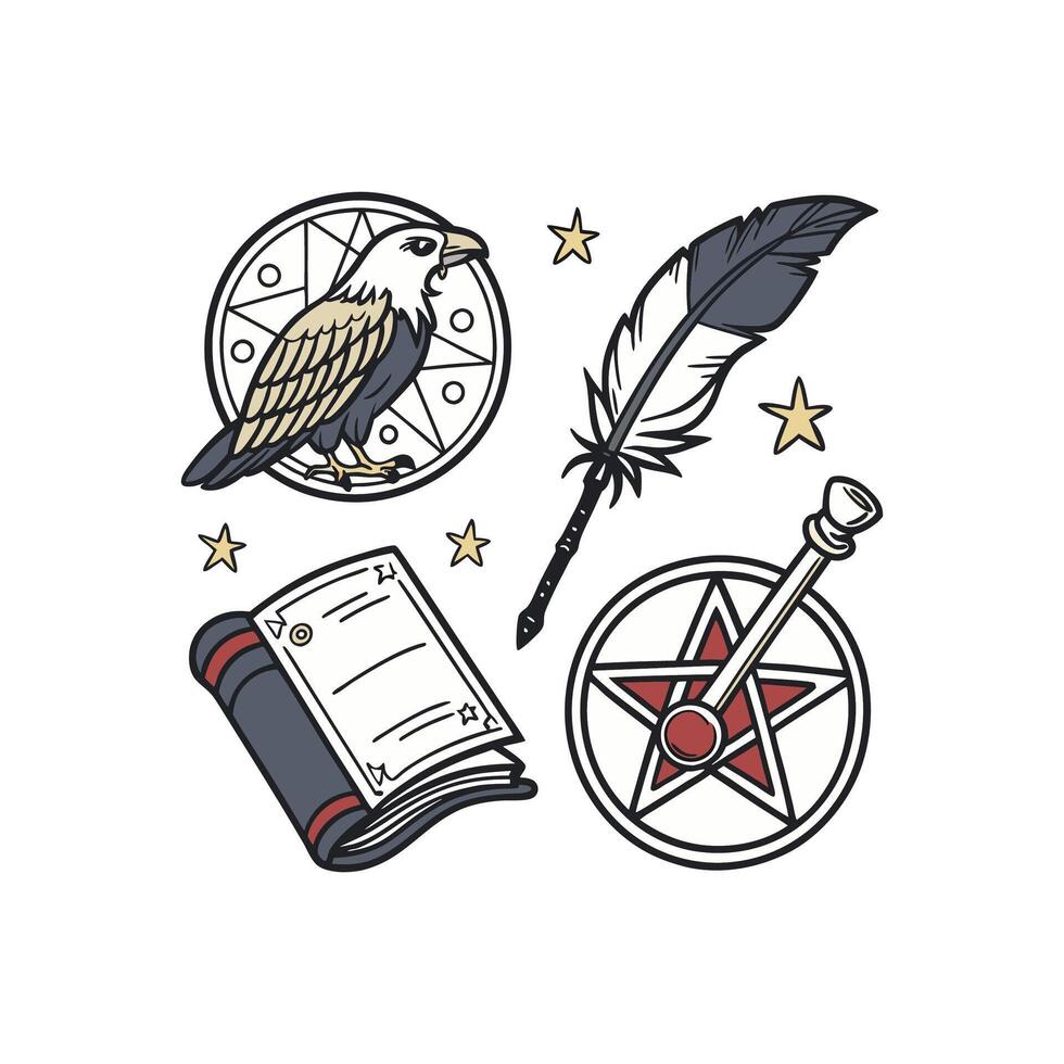 A set of symbols including an eagle, book, and feather vector